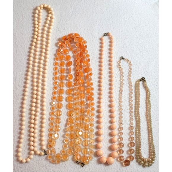 5 Pc Vintage Peach Necklace Lot Beaded Strands Acrylic Pearl Beads Mixed Lengths - Picture 2 of 7